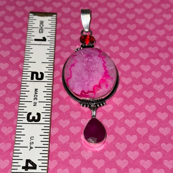 Pink Quartz & Garnet & Ruby Silver Pendant - Picture 6 of 7